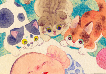 猫と眠る赤ちゃん