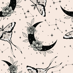 Magic seamless pattern with butterflies and crescents. Boho magic background with black space elements stars, moth. Trendy texture for print, textile, packaging.