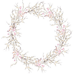 Watercolor spring wreath with hand draw delicate flowers and blooming branch, isolated on white background