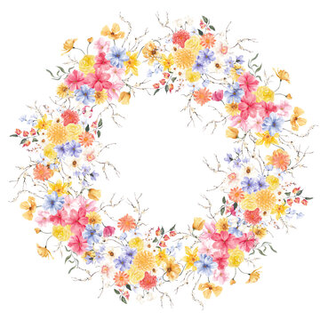 Watercolor spring wreath with hand draw delicate flowers and blooming branch, isolated on white background