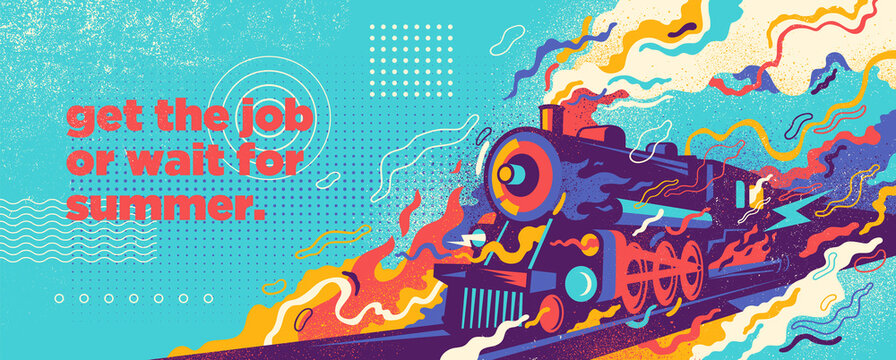 Abstract colorful graffiti style illustration with retro locomotive and splashing shapes. Vector illustration.	