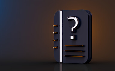 Document question mark icon on dark background 3d render concept for asking information letter