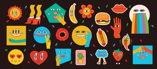 Collection of crazy Abstract comic geometric shape characters elements and faces. Bright colors Cartoon style. Vector Illustration