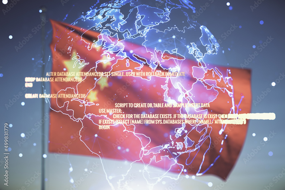 Poster multi exposure of abstract creative coding sketch and world map on flag of china and sunset sky back