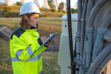 Telecommunication engineers work at cell towers for 5G cell phone signals,Network tower maintenance technicians