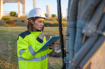 Telecommunication engineers work at cell towers for 5G cell phone signals,Network tower maintenance technicians