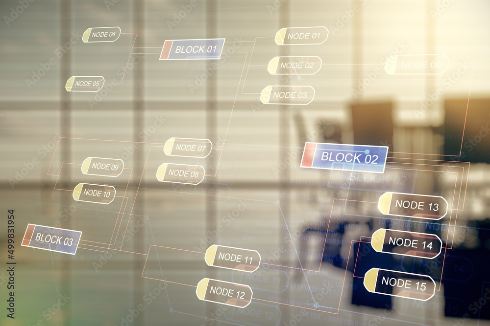 Poster multi exposure of abstract software development hologram on a modern meeting room background, resear