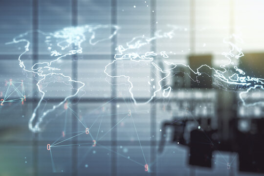 Multi exposure of abstract graphic world map hologram on a modern furnished office interior background, connection and communication concept