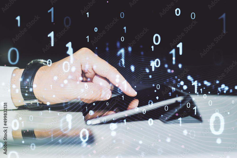 Aufkleber creative abstract binary code hologram and finger presses on a digital tablet on background, ai and 