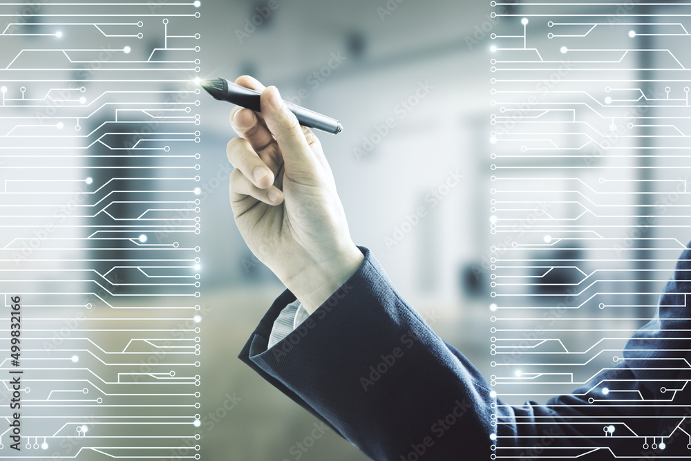 Aufkleber Man hand with pen draws abstract virtual microscheme illustration on blurred office background. Big data and database concept. Multiexposure