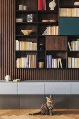 Modern bookcase in lamells wall. Grey chest of drawers. Bookcase a lot of books and accessories....