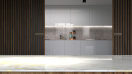 Marble tabletop on wooden platform with blurry kitchen utensils and dishes on light background. 3D rendering, mock up