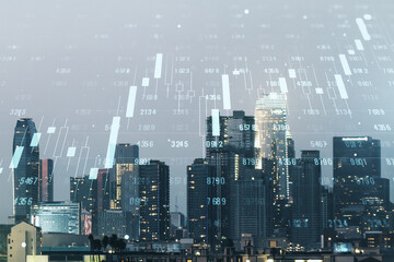 Double exposure of abstract virtual statistics data hologram on Los Angeles city skyscrapers background, statistics and analytics concept