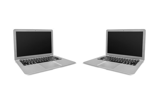 Opened Silver Lap Top With Blank Black Screen Mockup Isolated On A White Background. Stylish Aluminum Glossy Laptop With Black Screen. 3d Rendering.