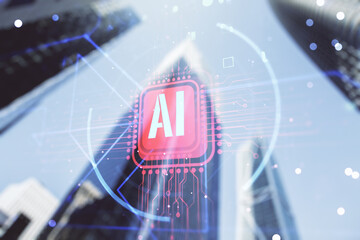 Double exposure of creative artificial Intelligence abbreviation hologram on blurry cityscape...
