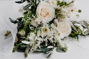 Beautiful wedding bouquet on isolated white background. High quality photo, natural light photography, wide open lens, depth of field