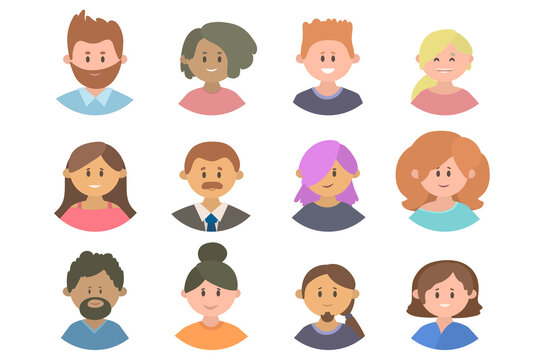 People avatar collection. Cartoon flat woman and man with diverse haircut. Cute modern characters, students or office workers creative team. User pic, different yong human face icons