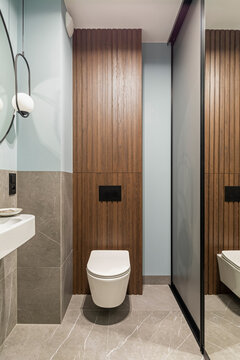 Modern Bright Bathroom With White Toilet Seat On Wooden Lamela Wall. Mirror On Grey Wall.