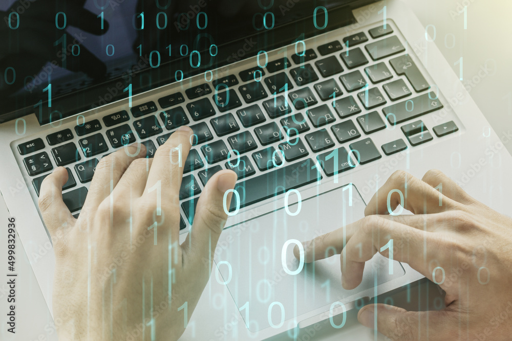 Aufkleber creative abstract binary code hologram and hands typing on computer keyboard on background, ai and m
