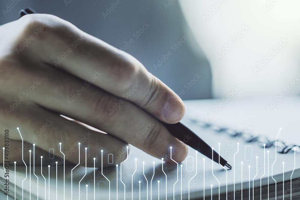 Poster creative abstract micro chip hologram and man hand writing in diary on background, artificial intell