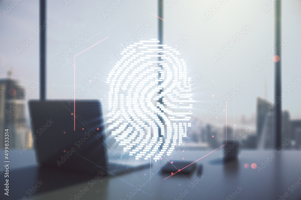 Poster Multi exposure of abstract creative fingerprint illustration and modern desktop with computer on background, digital access concept
