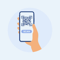 Smartphone mockup in human hand. Scan QR code. Vector flat colorful technology illustration