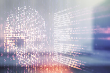 Abstract virtual creative code skull hologram on contemporary business center exterior background, theft of personal data and malware concept. Multiexposure