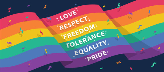 love, respect, freedom, tolerance equality and pride text on waving rainbow pride flag and ribbon firework around vector design - obrazy, fototapety, plakaty
