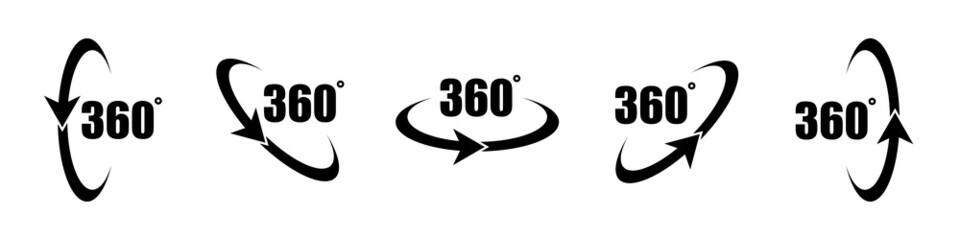 360 degree icon set in flat style. 360 degree view rotation set. 360 degree view. Virtual reality. Vertical and horizontal view. Arrow icons. Minimal interface icon, symbol. Vector graphic.