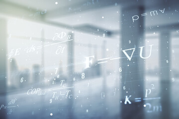 Scientific formula hologram on empty classroom background, research concept. Multiexposure