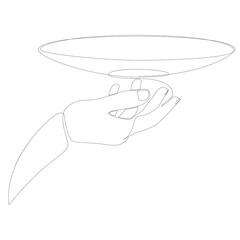 Continuous line drawing of a hand holding a plate. Vector illustration.