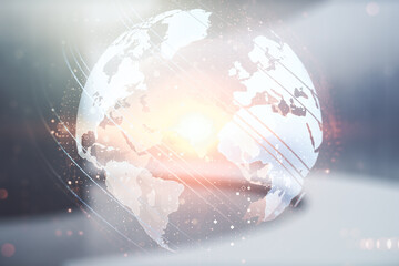 Abstract creative world map interface on empty corporate office background, international trading concept. Multiexposure