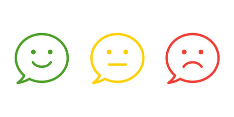 Smile face speech bubble icon. Feedback emoji icons vector design. Bad and good review. Happy and sad reaction. Vector