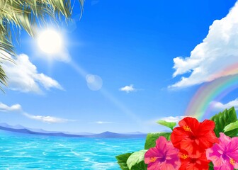 Fototapeta na wymiar 太陽の光差し込む青い空の下、美しい海沿いにヤシの木と虹のかかるハイビスカスの咲く夏のおしゃれフレーム背景素材