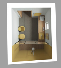 Minimalist bathroom in yellow and wooden tones, concrete tiles floor, large shower, washbasin with mirror, ceramic toilet and bidet. Top view, plan, above. Modern interior design