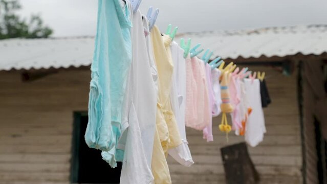African village. Laundry is dried on the street on a rope. Equatorial Africa