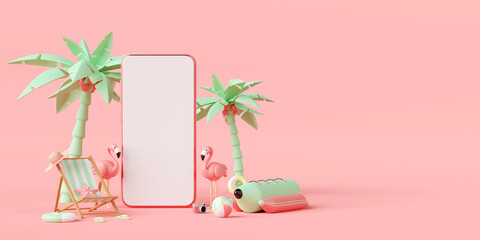 Summer vacation concept, Smartphone mockup with flamingo, beach chair and beach accessories, 3d illustration