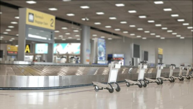 View of airport luggage conveyor belt area. empty baggage claim belt.