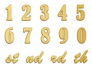 Gold numbers with endings made of golden texture isolated on white background - 3D Illustration