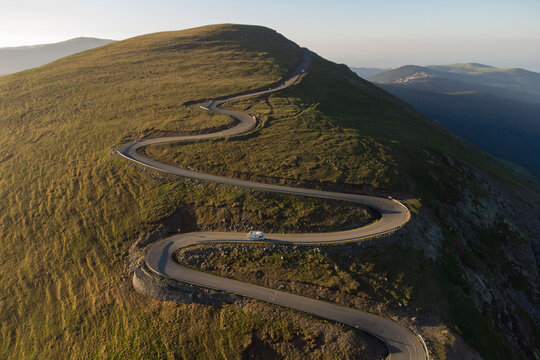 Aerial view of Transalpina mountain road, at sunrise
