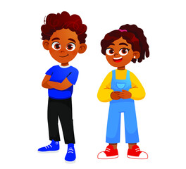 Cute happy kid girl and boy raising and waving hands greeting in expressions and poses. smiling little girl vector character Illustration.
