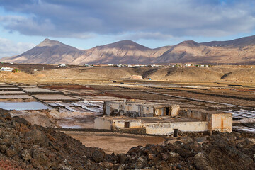 Panoramic view of the Janubio salt flats in the island of Lanzarote, Spain
