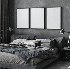 Frame mockup in loft bedroom interior, 3d render