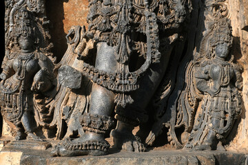 Hoysaleswara Temple sculpture work Halebidu Karnataka India, 12th-century Hindu temple dedicated to Shiva, It is the largest monument in Halebidu, the former Hoysala capital.