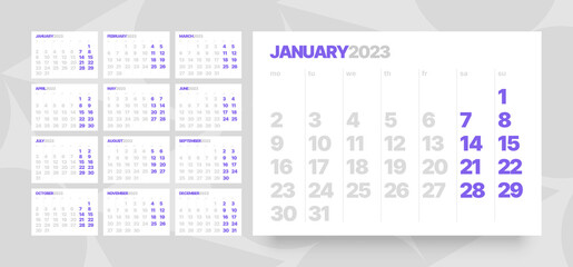 Monthly calendar template for 2023 year. Week Starts on Monday. Desk calendar in a minimalist style. 