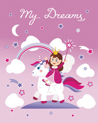 A happy little princess rides a unicorn. Vector image.