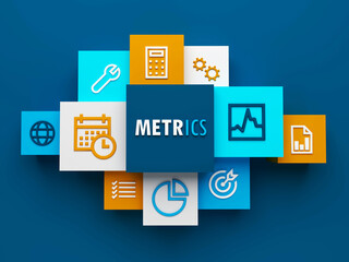 3D render of top view of METRICS business concept on dark blue background