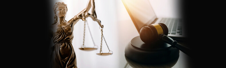 Judge's gavel, scales, lady of justice and hourglass. Law and justice concept