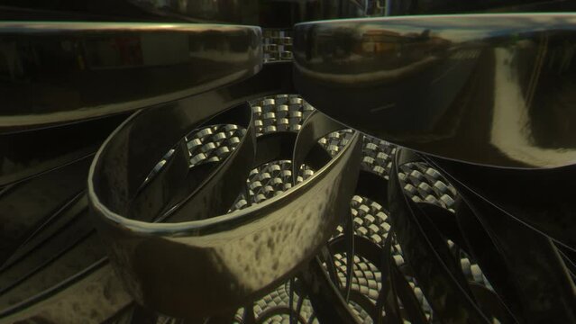 Animazione 3D di anelli argento con movimento circolare e sfera centrale oro