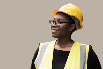 Portrait Black African smart women worker engineer happy smile with copy space.